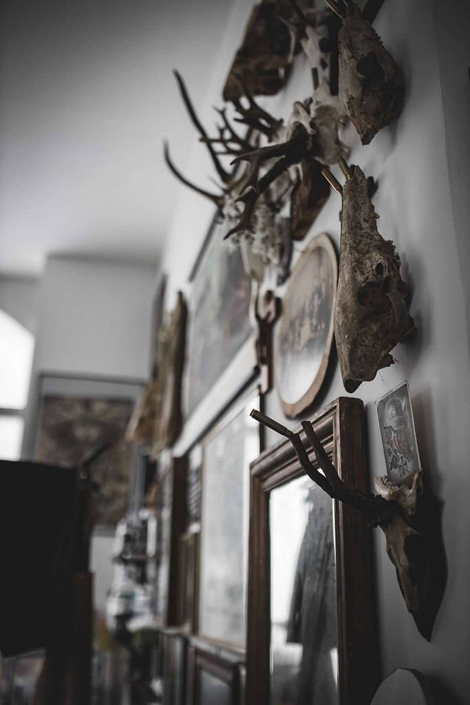 foto diverser deko an der wand eines tattoostudios das unter anderem eingeweih zeigt